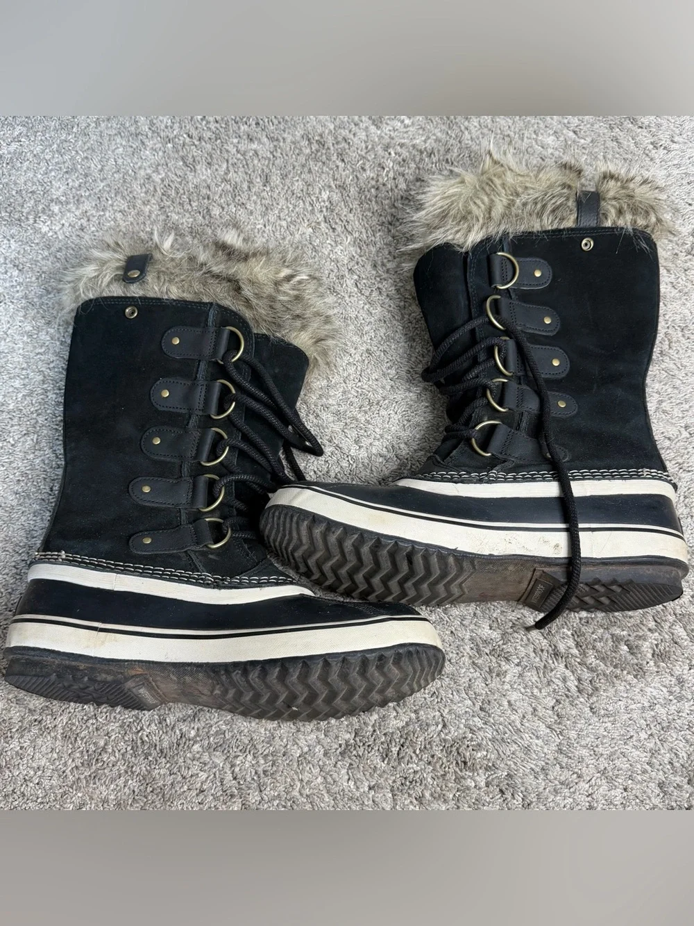 SOREL Joan of Arctic Waterproof Winter Boots 10.5 black tall fur lined lace up